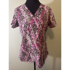 Premier Healing Hands Scrub Top Animal Print Pink Size Small V-Neck Two Pockets